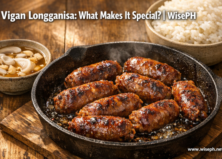 Freshly cooked Vigan Longganisa sausages in a pan with sukang Iloko dipping sauce and white rice