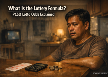 Filipino man computing PCSO lotto odds on a calculator late at night