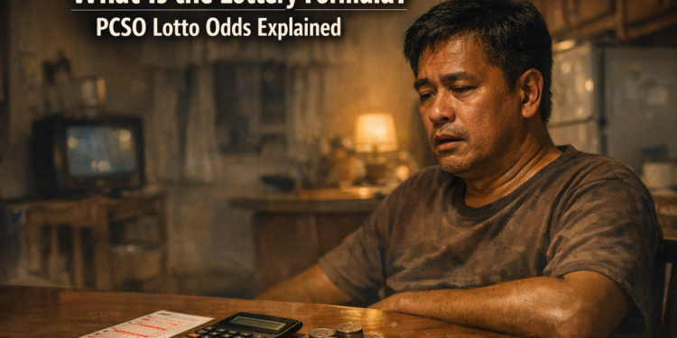 Filipino man computing PCSO lotto odds on a calculator late at night