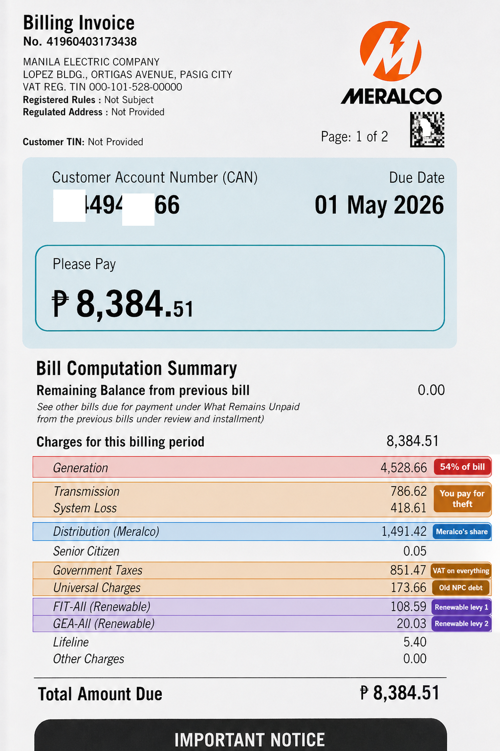 Actual Meralco bill April 2026 showing generation charge breakdown of ₱8,384.51 for 540 kWh