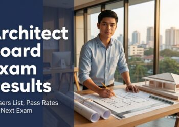 A Filipino architecture graduate at a drafting table with blueprints and a scale model, beside the text "Architect Board Exam Results."