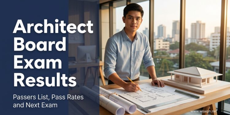 A Filipino architecture graduate at a drafting table with blueprints and a scale model, beside the text "Architect Board Exam Results."