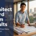 A Filipino architecture graduate at a drafting table with blueprints and a scale model, beside the text "Architect Board Exam Results."