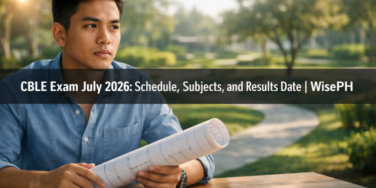 A young Filipino professional holds a technical drawing at a desk, with a blurred landscape design visible in the background, representing the Landscape Architects CBLE board exam.