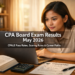 A young Filipino woman checks her May 2026 CPA board exam results on a laptop, surrounded by review materials at a home desk.