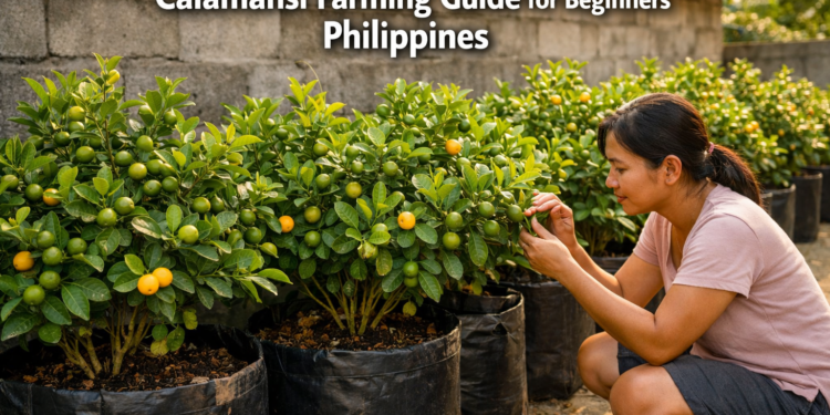 A Filipino backyard grower tending to calamansi trees in large black grow bags, showing a beginner-friendly calamansi farming setup in the Philippines.