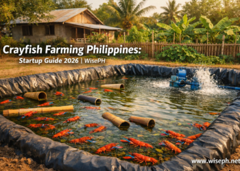 A backyard trapal pond in the Philippines stocked with Australian Red Claw crayfish, showing PVC pipe shelters and a paddlewheel aerator as part of a small-scale crayfish farming setup.