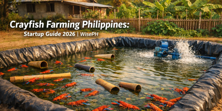 A backyard trapal pond in the Philippines stocked with Australian Red Claw crayfish, showing PVC pipe shelters and a paddlewheel aerator as part of a small-scale crayfish farming setup.