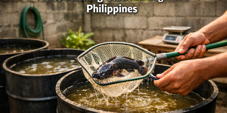 A Filipino backyard hito farmer scooping live catfish from a black 200-liter drum tank, illustrating a beginner hito farming setup in the Philippines.