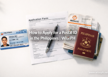 A flat-lay of a Philippine Postal ID card surrounded by application requirements including a printed form, utility bill, and valid IDs, illustrating the step-by-step process of how to apply for a Postal ID in the Philippines.