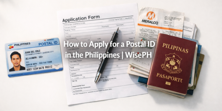 A flat-lay of a Philippine Postal ID card surrounded by application requirements including a printed form, utility bill, and valid IDs, illustrating the step-by-step process of how to apply for a Postal ID in the Philippines.