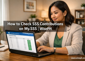 Filipino woman checking SSS contributions on My.SSS portal on laptop, showing green Posted status in contribution table