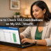 Filipino woman checking SSS contributions on My.SSS portal on laptop, showing green Posted status in contribution table