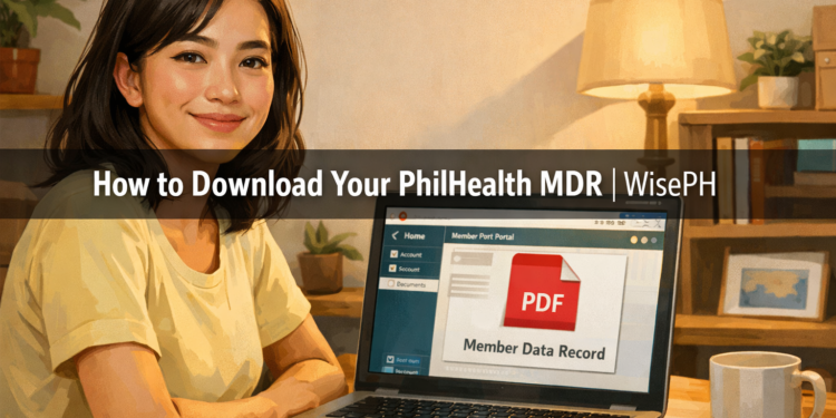 A Filipino professional downloading their PhilHealth MDR from the member portal on a laptop, following a step-by-step guide to get the document for employment onboarding.