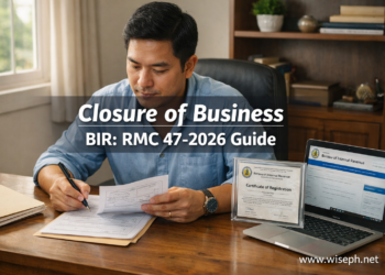 A Filipino sole proprietor reviewing BIR closure documents at his desk, representing the process of filing closure of business with BIR under RMC 47-2026.