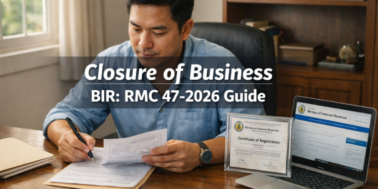 A Filipino sole proprietor reviewing BIR closure documents at his desk, representing the process of filing closure of business with BIR under RMC 47-2026.