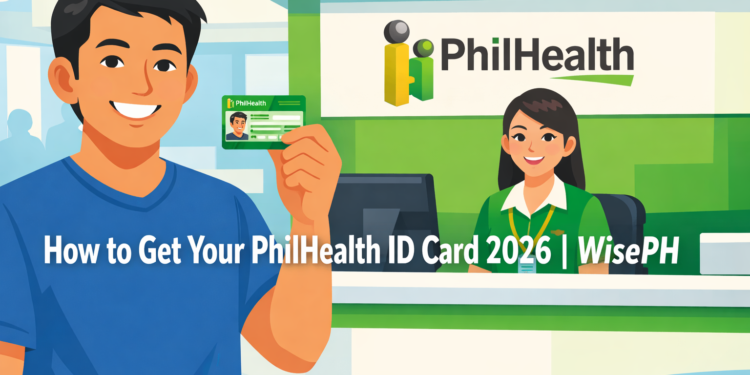 A Filipino man receives his PhilHealth ID card at an SM mall Express counter, illustrating the step-by-step process for getting a PhilHealth ID card in 2026.