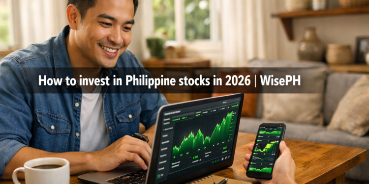 Filipino man learning how to invest in Philippine stock market on laptop at home: WisePH beginner's guide 2026