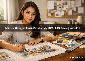 A young Filipino interior designer works at a drafting table surrounded by floor plans, color swatches, and design tools, representing the Interior Designers Licensure Examination (LIDE) July 2026.