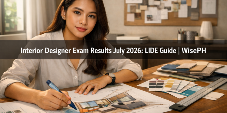 A young Filipino interior designer works at a drafting table surrounded by floor plans, color swatches, and design tools, representing the Interior Designers Licensure Examination (LIDE) July 2026.