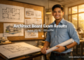 A Filipino architect standing at a drafting table holding blueprints, representing the June 2026 Architect Licensure Examination results.