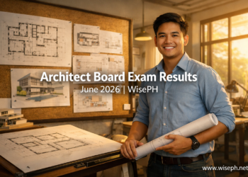 A Filipino architect standing at a drafting table holding blueprints, representing the June 2026 Architect Licensure Examination results.