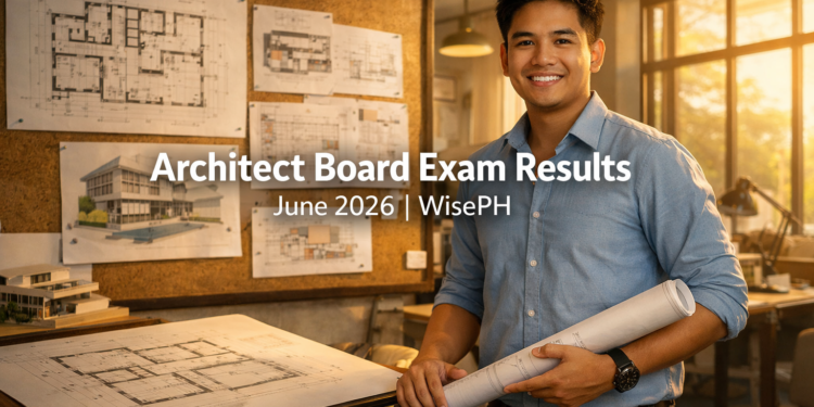 A Filipino architect standing at a drafting table holding blueprints, representing the June 2026 Architect Licensure Examination results.