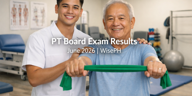 A Filipino physical therapist assists an elderly patient with arm rehabilitation exercises inside a modern clinic, representing the June 2026 Physical Therapist Licensure Examination results.
