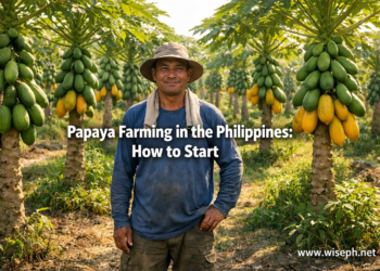 Filipino farmer standing in a commercial papaya farm in the Philippines with rows of papaya trees bearing ripe and green fruit.