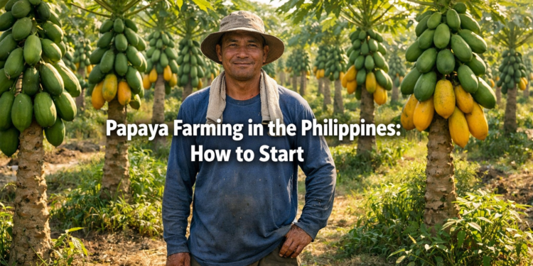 Filipino farmer standing in a commercial papaya farm in the Philippines with rows of papaya trees bearing ripe and green fruit.