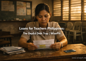 A Filipino public school teacher sits alone at her classroom desk after hours, staring at a payslip covered in loan deductions, surrounded by loan documents illustrating the teacher debt cycle in the Philippines.