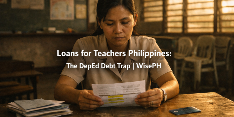 A Filipino public school teacher sits alone at her classroom desk after hours, staring at a payslip covered in loan deductions, surrounded by loan documents illustrating the teacher debt cycle in the Philippines.
