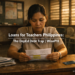 A Filipino public school teacher sits alone at her classroom desk after hours, staring at a payslip covered in loan deductions, surrounded by loan documents illustrating the teacher debt cycle in the Philippines.