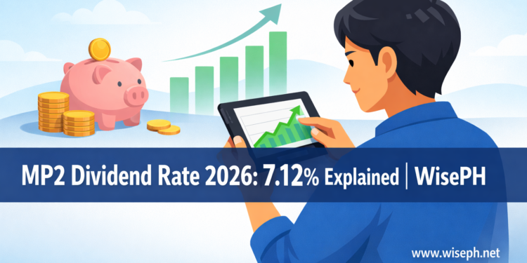 Filipino saver checking MP2 dividend rate 2026 on smartphone with 7.12% growth chart