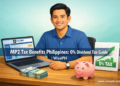 A Filipino man reviewing his Pag-IBIG MP2 savings account on a laptop, with Philippine peso bills and a growth chart on his desk, illustrating the 0% tax benefit of MP2 investments.