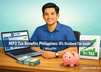 A Filipino man reviewing his Pag-IBIG MP2 savings account on a laptop, with Philippine peso bills and a growth chart on his desk, illustrating the 0% tax benefit of MP2 investments.