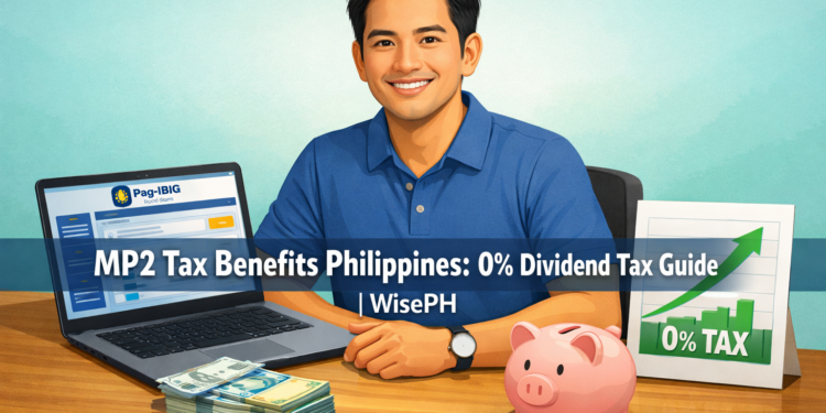 A Filipino man reviewing his Pag-IBIG MP2 savings account on a laptop, with Philippine peso bills and a growth chart on his desk, illustrating the 0% tax benefit of MP2 investments.