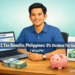 A Filipino man reviewing his Pag-IBIG MP2 savings account on a laptop, with Philippine peso bills and a growth chart on his desk, illustrating the 0% tax benefit of MP2 investments.