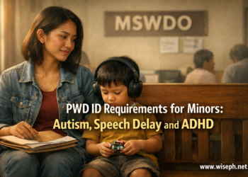 A Filipino mother sits with her young son in an MSWDO waiting area, holding a folder of PWD ID application documents while the child wears headphones.
