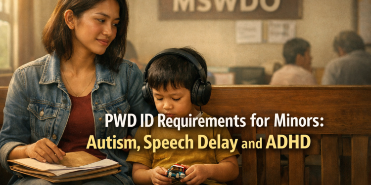 A Filipino mother sits with her young son in an MSWDO waiting area, holding a folder of PWD ID application documents while the child wears headphones.