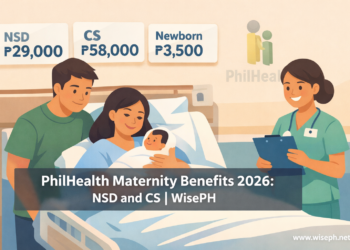 A Filipino mother and newborn in a hospital room with PhilHealth maternity benefit amounts displayed, illustrating the 2026 NSD and CS case rates for expecting families.