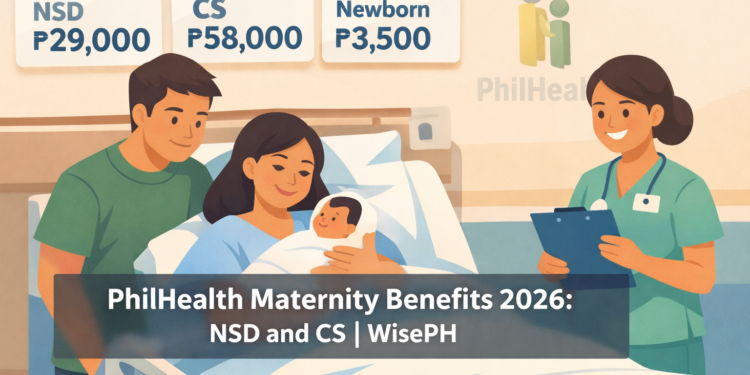 A Filipino mother and newborn in a hospital room with PhilHealth maternity benefit amounts displayed, illustrating the 2026 NSD and CS case rates for expecting families.