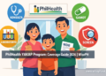 A Filipino family at a PhilHealth YAKAP accredited clinic, illustrating the four components of the YAKAP program: free consultations, medicines, lab tests, and cancer screenings.
