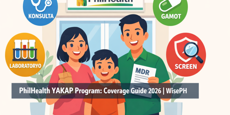 A Filipino family at a PhilHealth YAKAP accredited clinic, illustrating the four components of the YAKAP program: free consultations, medicines, lab tests, and cancer screenings.
