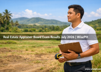 A Filipino real estate appraiser holding a clipboard and measuring tape while assessing an agricultural lot in Cavite, representing the July 2026 REALE board exam results.