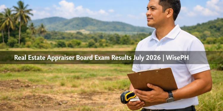 A Filipino real estate appraiser holding a clipboard and measuring tape while assessing an agricultural lot in Cavite, representing the July 2026 REALE board exam results.