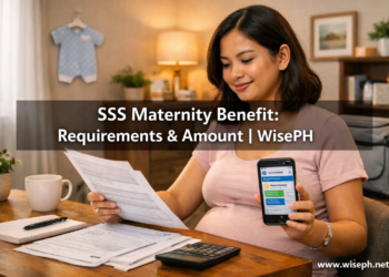 Pregnant Filipino woman checking SSS maternity benefit requirements on her phone at home, preparing to file her claim online