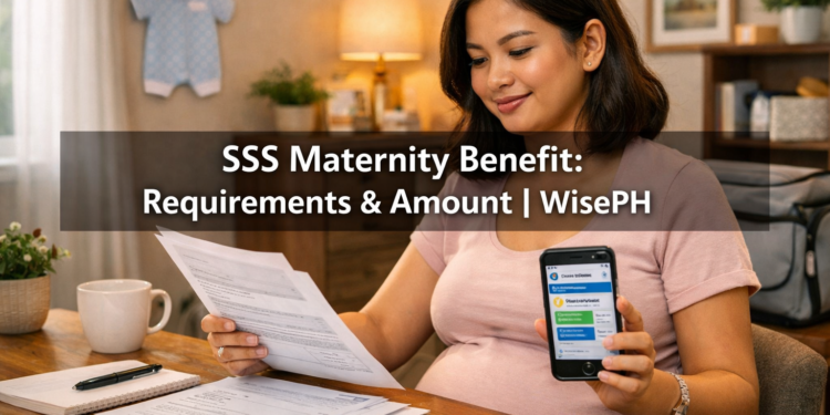 Pregnant Filipino woman checking SSS maternity benefit requirements on her phone at home, preparing to file her claim online