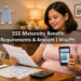 Pregnant Filipino woman checking SSS maternity benefit requirements on her phone at home, preparing to file her claim online