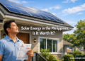 A Filipino homeowner stands in front of his suburban house with solar panels installed on the rooftop, holding a Meralco electricity bill on a sunny day.